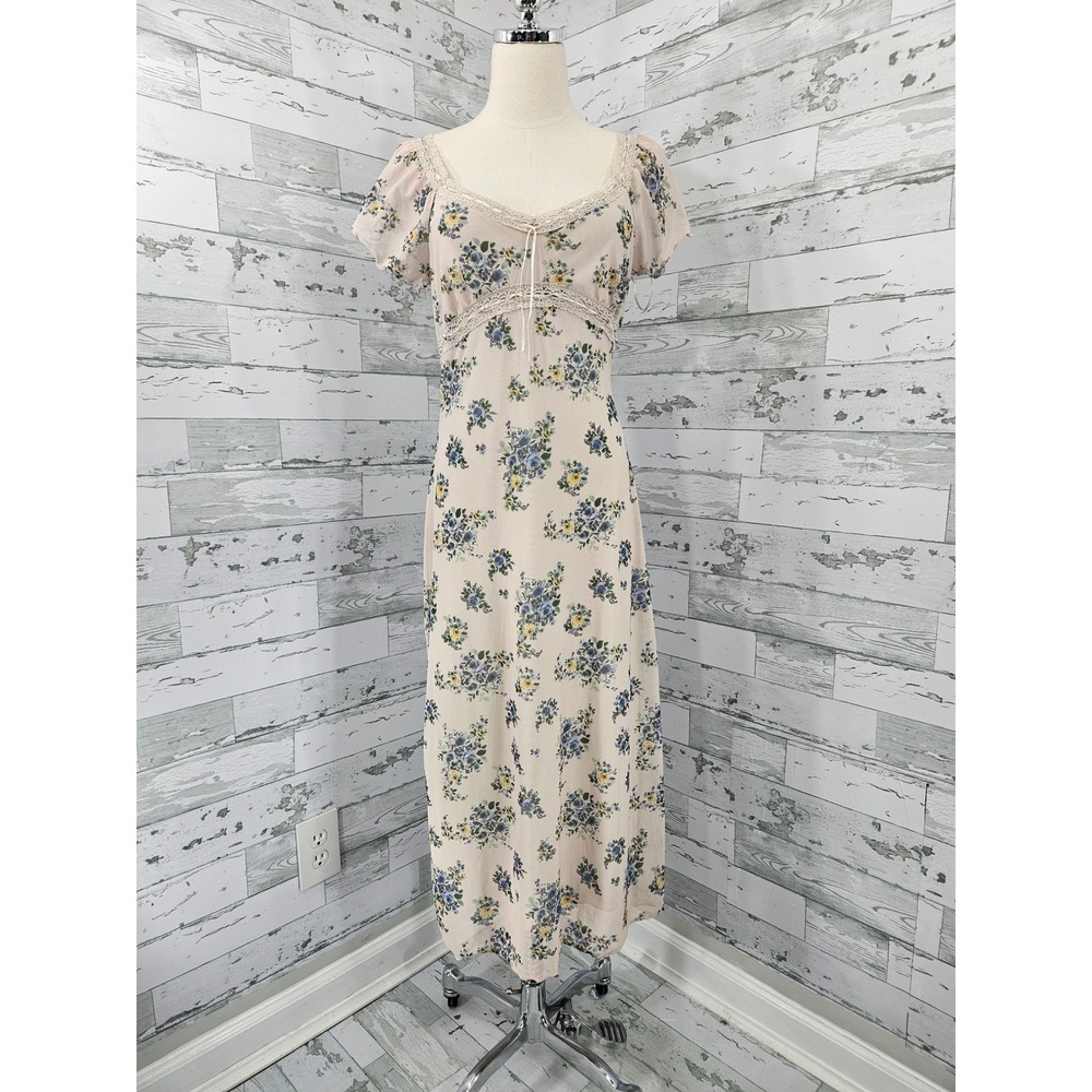 Kirious Los Angeles Cottagecore Floral Mesh Lace Trim Midi Dress Cream Blue L